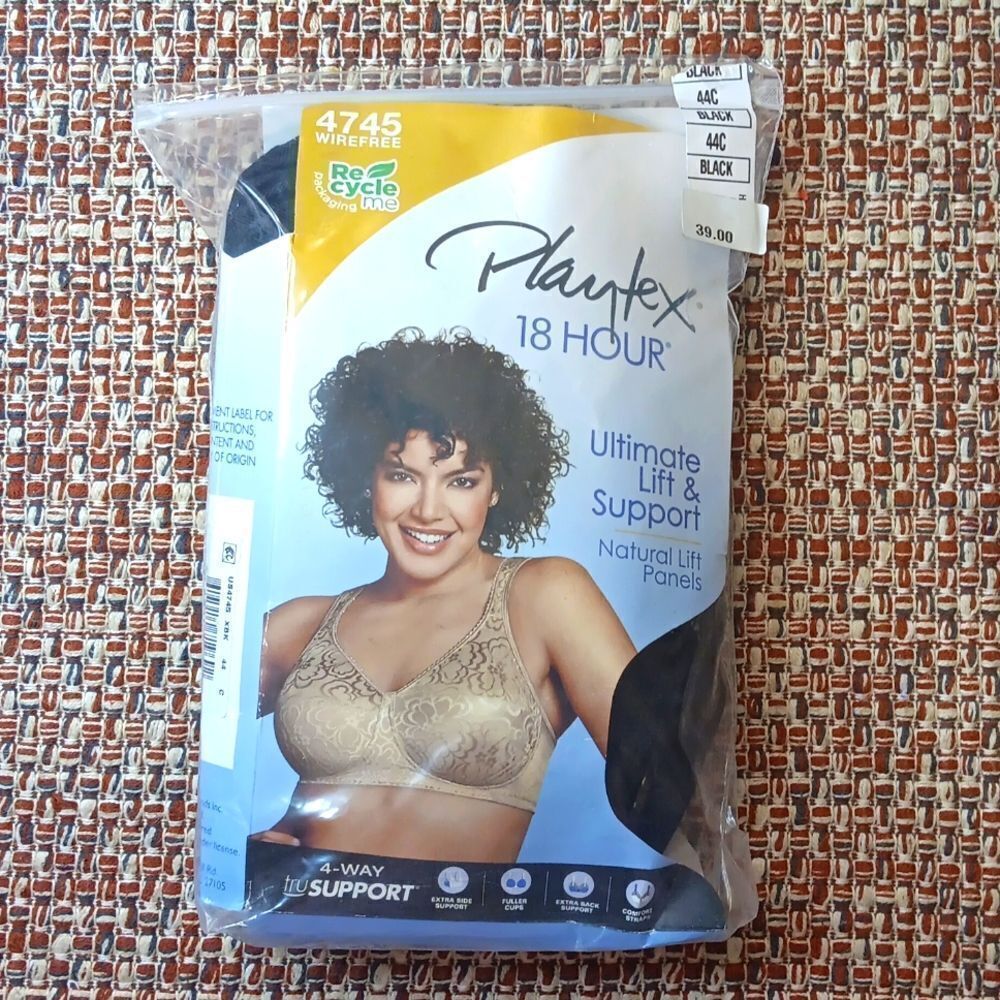 Playtex 18 Hour Bra #4745 Black 44C Wireless Soft Cup New in Bag